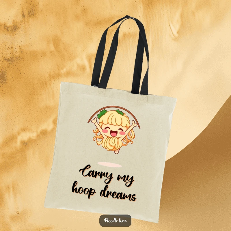 Funny noodle tote bag with a jubilant character jumping through a hoop of chopsticks, great for carrying essentials with a smile.