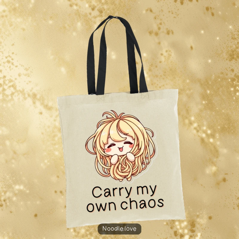 Funny tote bag featuring an amused cartoon noodle character hilariously tangled in its own delicious noodle strands.