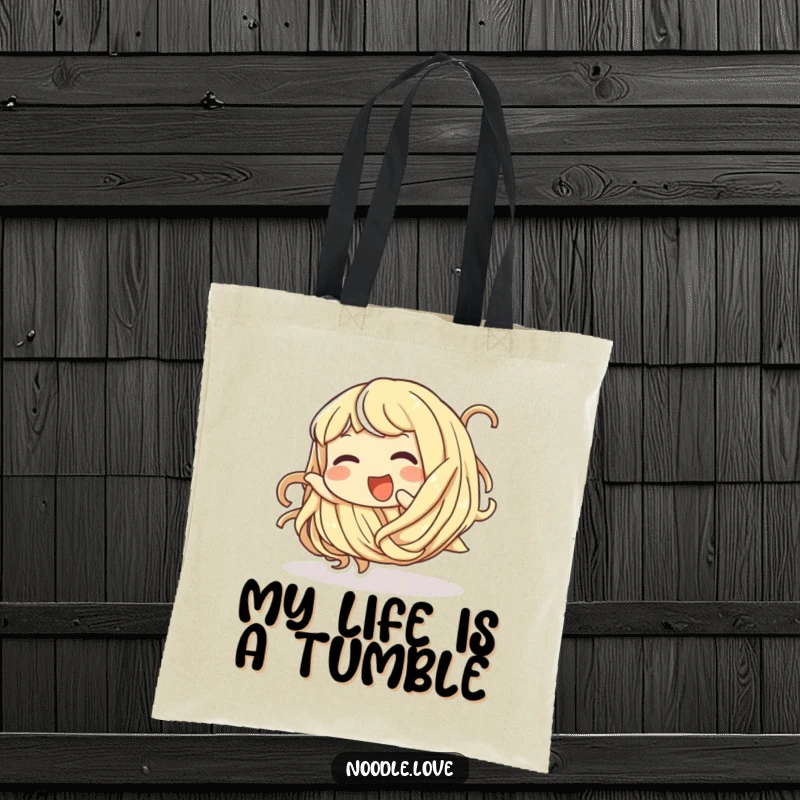 Funny tote bag with a giggling noodle character playfully tumbling, perfect for shopping.