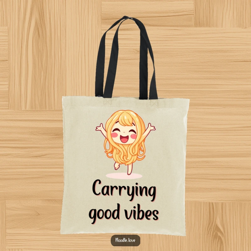 Funny tote bag with a happy noodle character joyfully doing a little dance, perfect for shopping.
