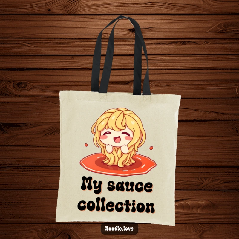 Funny tote bag illustration of a happy noodle character giggling as it splashes around in a delicious sauce puddle.