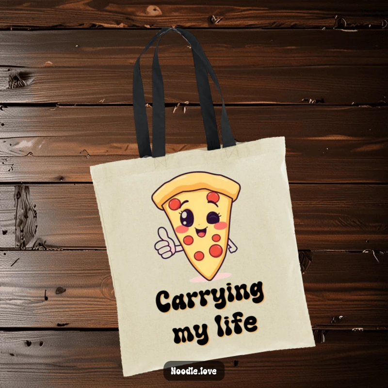 Funny pizza slice character tote bag giving a thumbs up, showcasing a love for pizza and a positive, carry-all attitude.