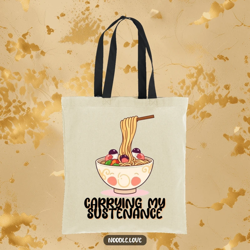 Funny Tote Bag: a happy ramen bowl playfully slurping its own noodles, a fun and practical accessory for noodle fans.
