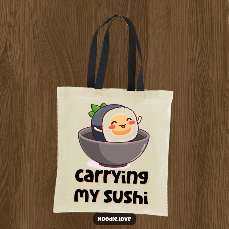 Funny sushi tote bag, a smiling sushi piece with tiny legs leaping into a bowl, food portability humor.
