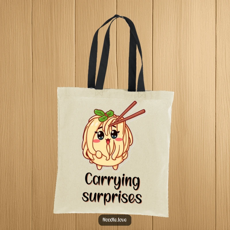 Funny Noodle Character Surprised by Tickling Chopstick Tote Bag - Comical pasta character on a practical bag, fun funny gift.
