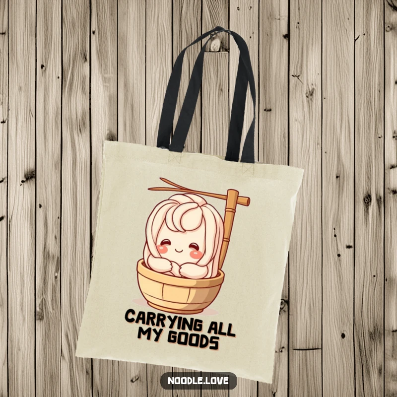 Funny smiling udon noodle character hugging a bamboo steamer, a charming and humorous tote bag for daily use.