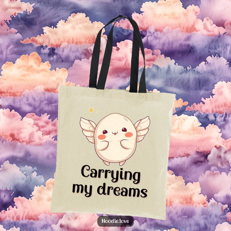 Funny winged dumpling tote bag featuring a whimsical character sprouting wings and attempting flight, great for carrying items with a smile.