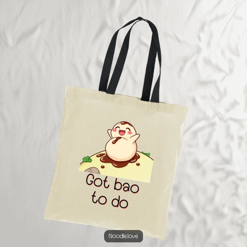 Funny dumpling tote bag with a delighted character rolling down a hill, covered in soy sauce, for carrying goods with humor.