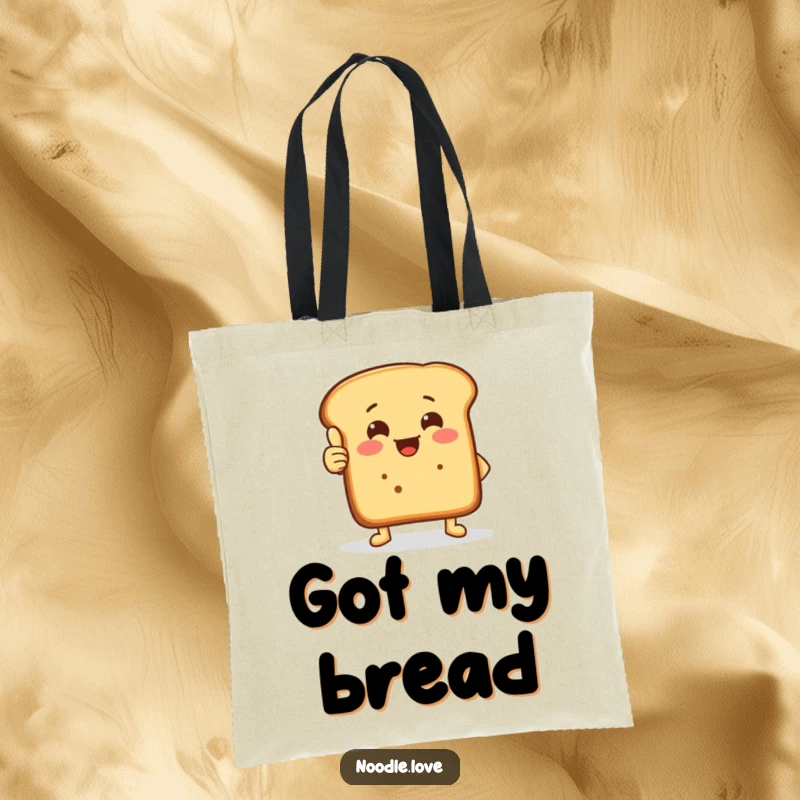 Funny thumbs-up bread tote bag with a happy bread loaf on small feet giving a crusty thumbs-up to shoppers.