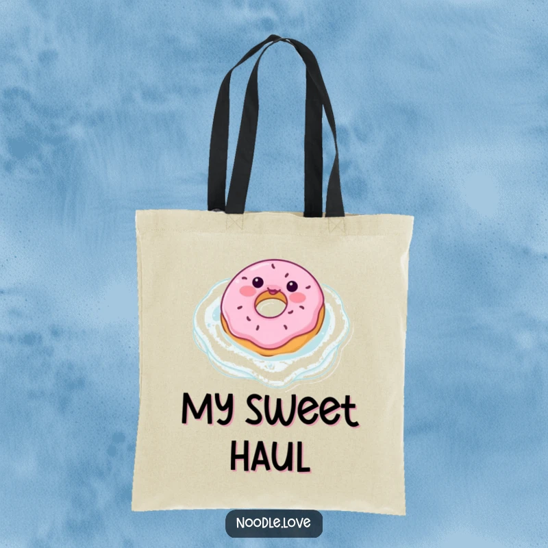 Funny donut character tote bag, floating in a milk pool, showcasing a love for sweet treats and a stylish, carry-all attitude.