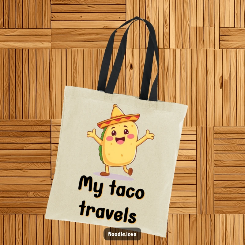 Funny taco tote bag, a jubilant taco with floppy sombrero legs doing a joyful dance, fiesta portability.